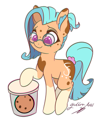 Size: 4000x5000 | Tagged: safe, artist:galinn-arts, oc, oc:galinn light, species:earth pony, species:pony, colored, cookie, cutee, ear fluff, flat colors, food, glasses, markings, my little pony, ponytail, purple eyes, simple background, transparent background