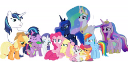 Size: 1922x938 | Tagged: safe, artist:conthauberger, character:apple bloom, character:applejack, character:fluttershy, character:pinkie pie, character:princess cadance, character:princess celestia, character:princess luna, character:rainbow dash, character:rarity, character:scootaloo, character:shining armor, character:spike, character:sweetie belle, character:twilight sparkle, character:twilight sparkle (alicorn), species:alicorn, species:dragon, species:earth pony, species:pegasus, species:pony, species:unicorn, comforting, crying, cutie mark crusaders, hurt/comfort, mane six, sadness