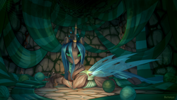 Size: 4444x2500 | Tagged: safe, artist:batonya12561, character:queen chrysalis, species:changeling, species:pony, g4, chains, changeling queen, exoskeleton, female, imprisoned, knitting, long scarf, lying down, prison, prone, rock floor, signature, solo, yarn, yarn ball