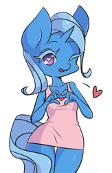 Size: 325x500 | Tagged: safe, artist:kirinit, character:trixie, species:anthro, blep, cute, diatrixes, female, floating heart, heart, heart eyes, heart hands, looking at you, one eye closed, simple background, solo, tongue out, white background, wingding eyes, wink