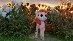 Size: 1920x1080 | Tagged: safe, artist:gabe2252, character:roseluck, species:earth pony, species:pony, 3d, blender, bush, female, mare, outdoors, smiling, solo