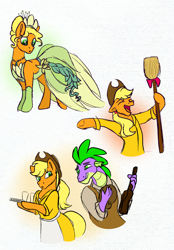 Size: 2094x3014 | Tagged: safe, artist:bellbell123, character:applejack, character:spike, ship:applespike, apron, broom, clothing, crossover, dress, female, male, older, older spike, prince naveen, shipping, simple background, straight, the princess and the frog, tiana, white background