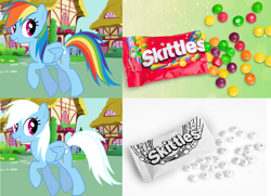Size: 2312x1677 | Tagged: safe, artist:anxet, edit, character:rainbow dash, species:pegasus, species:pony, candy, female, food, looking back, mare, rainbow-less dash, skittles, solo, trotting, white hair