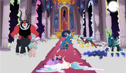 Size: 1566x908 | Tagged: safe, artist:swiftgaiathebrony, character:cozy glow, character:discord, character:grogar, character:lord tirek, character:princess celestia, character:princess luna, character:queen chrysalis, character:twilight sparkle, character:twilight sparkle (alicorn), species:alicorn, species:pony, alternate ending, bad end, big crown thingy, crying, equestria is doomed, jewelry, regalia, this will end in tears