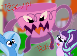 Size: 1862x1360 | Tagged: safe, artist:puperhamster, character:starlight glimmer, character:trixie, species:pony, species:unicorn, cup, monster, teacup, teacup monster, that pony sure does love teacups, xk-class end-of-the-kitchen scenario, xk-class end-of-the-world scenario