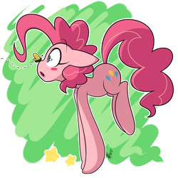 Size: 2000x2000 | Tagged: safe, artist:red-poni, character:pinkie pie, species:earth pony, species:pony, abstract background, blush sticker, blushing, butterfly, butterfly on nose, cute, diapinkes, female, floppy ears, high res, insect on nose, looking at something, mare, open mouth, profile, solo, stars