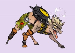Size: 3549x2520 | Tagged: safe, artist:the-blackeye, species:earth pony, species:pony, amputee, clothing, crossover, junkrat, male, overwatch, peg leg, prosthetic arm, prosthetic leg, prosthetic limb, prosthetics, riptire, sharp teeth, shorts, simple background, sketch, skull, smoke, solo, stallion, tattoo, teeth