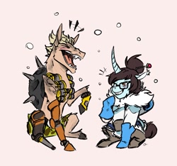 Size: 1471x1378 | Tagged: safe, artist:the-blackeye, species:earth pony, species:pony, species:unicorn, amputee, clothing, crossover, curved horn, female, gloves, horn, junkrat, laughing, male, mare, mei, meme, otp, overwatch, peg leg, prosthetic arm, prosthetic leg, prosthetic limb, prosthetics, sharp teeth, shipping, shorts, sketch, skull, stallion, tattoo, teeth