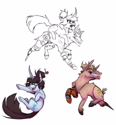 Size: 4120x4432 | Tagged: safe, artist:the-blackeye, species:earth pony, species:pony, species:unicorn, amputee, blep, crossover, curved horn, female, grin, happy, horn, junkrat, male, mare, mei, overwatch, peg leg, ponies riding ponies, ponified, prosthetic leg, prosthetic limb, prosthetics, shipping, simple background, sketch, sketch dump, smiling, stallion, straight, teeth, tongue out, white background