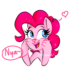 Size: 1000x1000 | Tagged: safe, alternate version, artist:tylerdashart, character:pinkie pie, species:earth pony, species:pony, :3, bust, cat, cute, dialogue, diapinkes, female, floating heart, heart, mare, nya, open mouth, pinkie cat, portrait, simple background, solo, speech bubble, white background