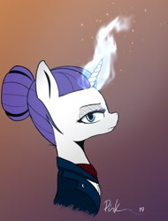 Size: 1503x1979 | Tagged: safe, artist:pinkberry, character:rarity, species:pony, species:unicorn, alternate hairstyle, alternate timeline, ascot, clothing, gradient background, hair bun, looking at you, magic, night maid rarity, nightmare takeover timeline, simple shading, suit