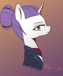Size: 1544x1846 | Tagged: safe, alternate version, artist:pinkberry, character:rarity, species:pony, species:unicorn, alternate hairstyle, alternate timeline, ascot, clothing, gradient background, hair bun, looking at you, night maid rarity, nightmare takeover timeline, simple shading, suit