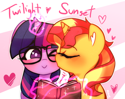 Size: 1268x1000 | Tagged: safe, artist:riukime, character:sunset shimmer, character:twilight sparkle, character:twilight sparkle (scitwi), species:pony, species:unicorn, ship:scitwishimmer, ship:sunsetsparkle, blushing, book, eyes closed, female, glasses, glowing horn, horn, kissing, lesbian, magic, shipping
