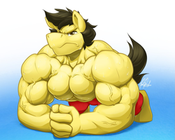 Size: 1125x900 | Tagged: safe, artist:ponyanony, oc, oc only, species:anthro, species:earth pony, species:pony, species:unguligrade anthro, anthro oc, biceps, bodybuilder, clasped hands, clothing, deltoids, looking at you, male, muscles, pecs, shorts, solo, stallion, sweat, triceps, vein