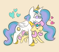 Size: 4500x4000 | Tagged: safe, artist:antimationyt, character:fluttershy, character:princess celestia, species:alicorn, species:pegasus, species:pony, ship:flutterlestia, blushing, butterfly, duo, female, floppy ears, folded wings, heart, height difference, lesbian, looking at each other, looking down, looking up, mare, no pupils, shipping, simple background, smiling, standing, standing over, wings