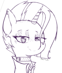 Size: 643x759 | Tagged: safe, artist:pinkberry, oc, oc only, oc:mulberry merlot, species:pony, species:unicorn, alternate hairstyle, choker, clothing, drawpile, female, freckles, heart on cheek, jacket, looking at you, monochrome, piercing, popped collar, punk, simple background, sketch, solo, white background