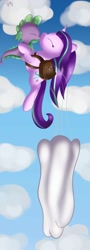 Size: 536x1492 | Tagged: safe, artist:ilynalta, edit, character:spike, character:starlight glimmer, species:dragon, species:pony, species:unicorn, ship:sparlight, female, flying, interspecies, kiss on the lips, kissing, male, mare, parachute, saddle bag, shipping, sky, skydiving, straight, upside down