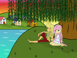 Size: 1920x1440 | Tagged: safe, artist:onlymeequestrian, character:applejack, character:fluttershy, species:human, humanized, weeping willow
