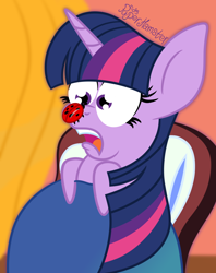 Size: 1400x1772 | Tagged: safe, artist:puperhamster, character:twilight sparkle, species:pony, episode:starlight the hypnotist, spoiler:interseason shorts, bed, coccinellidaephobia, female, insect, insect on nose, ladybug, scared, solo, this will not end well, twilight hates ladybugs