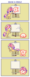 Size: 1000x2575 | Tagged: safe, artist:sazanamibd, character:kettle corn, species:earth pony, species:pony, 4koma, comic, copy ability, crossover, easel, eaten alive, female, filly, inhaling, kirby, kirby (character), mouth hold, paintbrush, running, sucking, transformation, vore, vore transformation