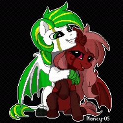 Size: 1900x1900 | Tagged: safe, artist:nancy-05, oc, oc only, oc:white night, species:pony, black background, black hooves, demon, horn, looking at each other, pixel art, simple background, smiling