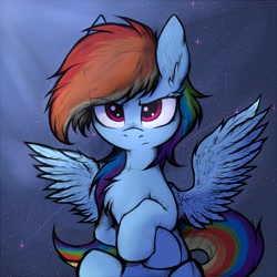 Size: 3400x3400 | Tagged: safe, artist:tatykin, character:rainbow dash, species:pegasus, species:pony, abstract background, chest fluff, crossed hooves, ear fluff, female, frown, looking at you, prone, reflection, solo