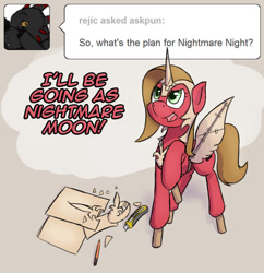 Size: 773x800 | Tagged: safe, artist:hieronymuswhite, oc, oc only, oc:pun, species:pony, ask pun, ask, fake horn, fake wings, paper, solo