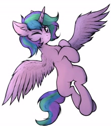 Size: 3605x4096 | Tagged: safe, artist:tatykin, character:princess celestia, species:alicorn, species:pony, crossed legs, ear fluff, female, flying, looking at you, mare, one eye closed, pinklestia, simple background, solo, spread wings, white background, wings, wink