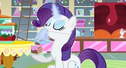 Size: 1607x868 | Tagged: safe, artist:hereward, character:rarity, character:sweetie belle, 1000 hours in ms paint, cake, collage, food, inside mouth, micro, shrunk, sugarcube corner, unaware vore