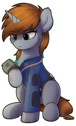 Size: 784x1302 | Tagged: safe, artist:av-4, artist:avastin4, oc, oc only, oc:littlepip, species:pony, species:unicorn, fallout equestria, chest fluff, clothing, fanfic, fanfic art, female, hooves, horn, looking at something, mare, pipbuck, simple background, sitting, solo, transparent background, vault suit