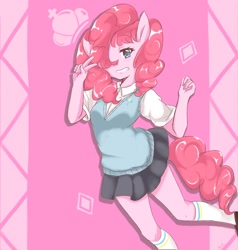 Size: 1950x2048 | Tagged: safe, artist:moh_mlp2, character:pinkie pie, species:anthro, species:human, species:plantigrade anthro, anime, clothing, cute, eared humanization, humanized, miniskirt, moe, pigtails, pink background, pleated skirt, school uniform, shoes, simple background, skirt, smiling, socks, sweater vest, tailed humanization