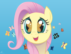 Size: 1920x1451 | Tagged: safe, artist:flutterstormreturns, character:fluttershy, species:pony, episode:the cutie mark chronicles, g4, my little pony: friendship is magic, amazed, bust, butterfly, cute, eye reflection, female, filly, filly fluttershy, full face view, gradient background, open mouth, reflection, shyabetes, smiling, so many wonders, solo, younger