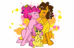 Size: 3375x2173 | Tagged: safe, artist:bellbell123, character:cheese sandwich, character:li'l cheese, character:pinkie pie, species:pony, ship:cheesepie, episode:the last problem, g4, my little pony: friendship is magic, abstract background, eyes closed, family, female, filly, male, nuzzling, older, older cheese sandwich, older pinkie pie, shipping, sitting, smiling, straight