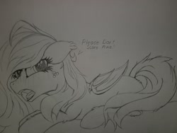 Size: 2016x1512 | Tagged: safe, artist:straighttothepointstudio, oc, oc only, species:bat pony, species:pony, bat pony oc, black and white, blank flank, blushing, cowering, cute, drawing, fangs, grayscale, looking at you, monochrome, open mouth, scared, solo, traditional art