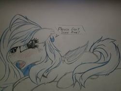 Size: 2016x1512 | Tagged: safe, artist:straighttothepointstudio, oc, oc only, species:bat pony, species:pony, bat pony oc, blank flank, blushing, colored, cowering, cute, drawing, fangs, looking at you, open mouth, scared, solo, traditional art