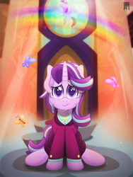 Size: 4000x5333 | Tagged: safe, artist:sol-r, character:starlight glimmer, species:pony, episode:the last problem, g4, my little pony: friendship is magic, butterfly, cheek fluff, clothing, cute, female, headmare starlight, mare, older, older starlight glimmer, rainbow, smiling, solo, suit