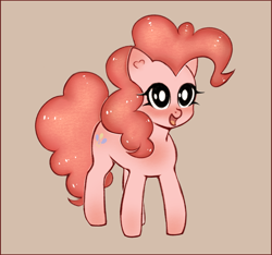 Size: 1186x1108 | Tagged: safe, artist:mite-lime, character:pinkie pie, species:earth pony, species:pony, brown background, cute, diapinkes, female, mare, open mouth, simple background, solo
