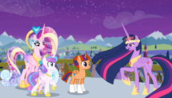 Size: 1534x872 | Tagged: safe, artist:swiftgaiathebrony, character:princess cadance, character:princess flurry heart, character:twilight sparkle, character:twilight sparkle (alicorn), oc, oc:solar spell, parent:princess cadance, parent:sunburst, parent:twilight sparkle, parents:twiburst, species:alicorn, species:pony, female, male, offspring, you'll play your part