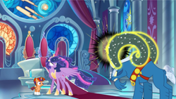 Size: 1534x864 | Tagged: safe, artist:swiftgaiathebrony, character:grogar, character:twilight sparkle, character:twilight sparkle (alicorn), oc, oc:solar spell, parent:sunburst, parent:twilight sparkle, species:alicorn, species:pony, episode:the last problem, g4, my little pony: friendship is magic, castle, castle of the royal pony sisters, fake, faker than a three dollar bill, fight, magic, older, older twilight, princess twilight 2.0, twilight vs grogar