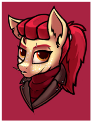 Size: 1001x1330 | Tagged: safe, artist:hc0, character:apple bloom, species:pony, bust, clothing, female, jacket, older, portrait, scar, solo