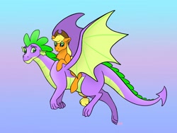 Size: 2491x1870 | Tagged: safe, artist:bellbell123, character:applejack, character:spike, species:dragon, species:pony, ship:applespike, cute, female, flying, male, older, older spike, ponies riding dragons, riding, shipping, straight, winged spike