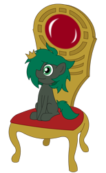 Size: 800x1300 | Tagged: safe, artist:minus, derpibooru original, oc, oc only, oc:minus, species:earth pony, species:pony, colored, colt, colt quest, crown, cute, digital art, foal, green eyes, hair over one eye, happy, happy birthday mlp:fim, jewelry, male, mlp fim's ninth anniversary, regalia, simple background, sitting, smiling, solo, throne, transparent background, vector