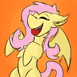 Size: 800x800 | Tagged: safe, artist:antimationyt, character:flutterbat, character:fluttershy, species:bat pony, species:pegasus, species:pony, apple, bat ponified, bat wings, chest fluff, cute, eyes closed, female, food, mouth hold, race swap, smiling, solo, spread wings, three quarter view, wings