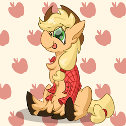 Size: 2000x2000 | Tagged: safe, artist:antimationyt, character:applejack, species:earth pony, species:pony, chest fluff, clothing, cute, fluffy, one eye closed, simple background, sitting, tongue out, wink