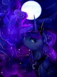 Size: 1800x2416 | Tagged: safe, artist:riukime, character:princess luna, species:alicorn, species:pony, bust, crown, crying, digital art, ethereal mane, female, galaxy mane, horn, jewelry, mare, moon, peytral, portrait, profile, regalia, solo