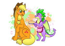 Size: 2746x1962 | Tagged: safe, artist:bellbell123, character:applejack, character:spike, species:dragon, species:pony, ship:applespike, abstract background, apron, blushing, clothing, cute, female, food, male, open mouth, pie, shipping, simple background, smiling, straight, white background, winged spike