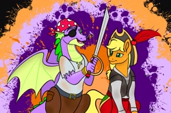 Size: 2387x1588 | Tagged: safe, artist:bellbell123, character:applejack, character:spike, species:dragon, species:pony, ship:applespike, clothing, costume, cute, eyepatch, female, halloween, halloween costume, holiday, male, older, older spike, pirate, pirate costume, shipping, straight, sword, weapon, winged spike