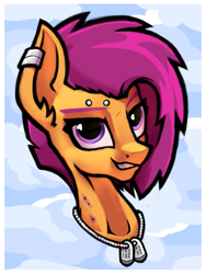Size: 1001x1330 | Tagged: safe, artist:hc0, character:scootaloo, species:pony, bust, dog tags, ear piercing, earring, female, jewelry, older, piercing, portrait, solo