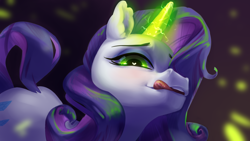 Size: 1600x900 | Tagged: safe, artist:resurgam_snova, character:rarity, species:pony, species:unicorn, episode:inspiration manifestation, g4, my little pony: friendship is magic, bueno, bust, ear fluff, female, glowing horn, green eyes, heart eyes, horn, inspirarity, licking, licking lips, looking at you, magic, mare, portrait, possessed, solo, tongue out, wingding eyes