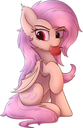 Size: 1577x2440 | Tagged: safe, artist:av-4, artist:avastin4, character:flutterbat, character:fluttershy, species:bat pony, species:pony, apple, bat ponified, cheek fluff, chest fluff, cute, fangs, female, food, mare, mouth hold, race swap, shyabates, shyabetes, simple background, sitting, solo, transparent background